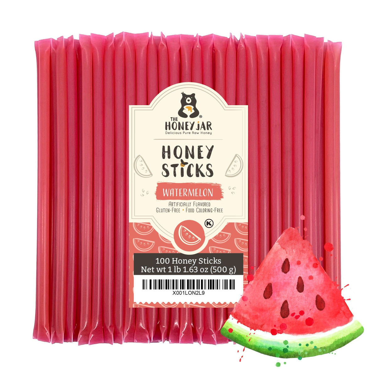 The Honey Jar front packaging showing 100 watermelon honey sticks and brand name benefit