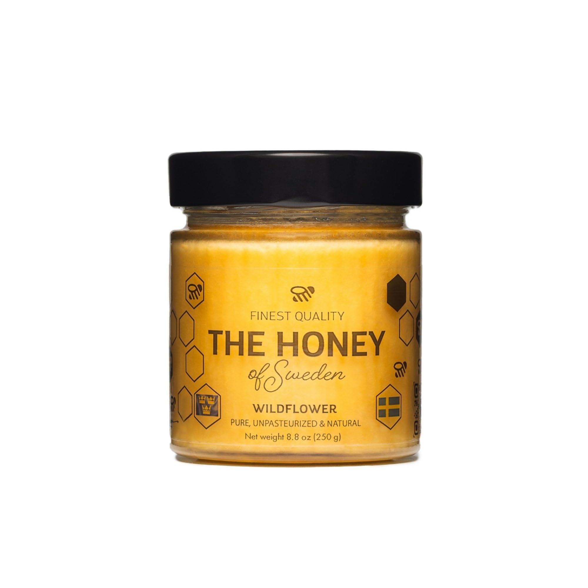 THE HONEY OF SWEDEN glass jar front label showing premium packaging and traceability benefit