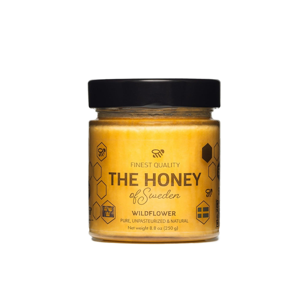THE HONEY OF SWEDEN glass jar front label showing premium packaging and traceability benefit