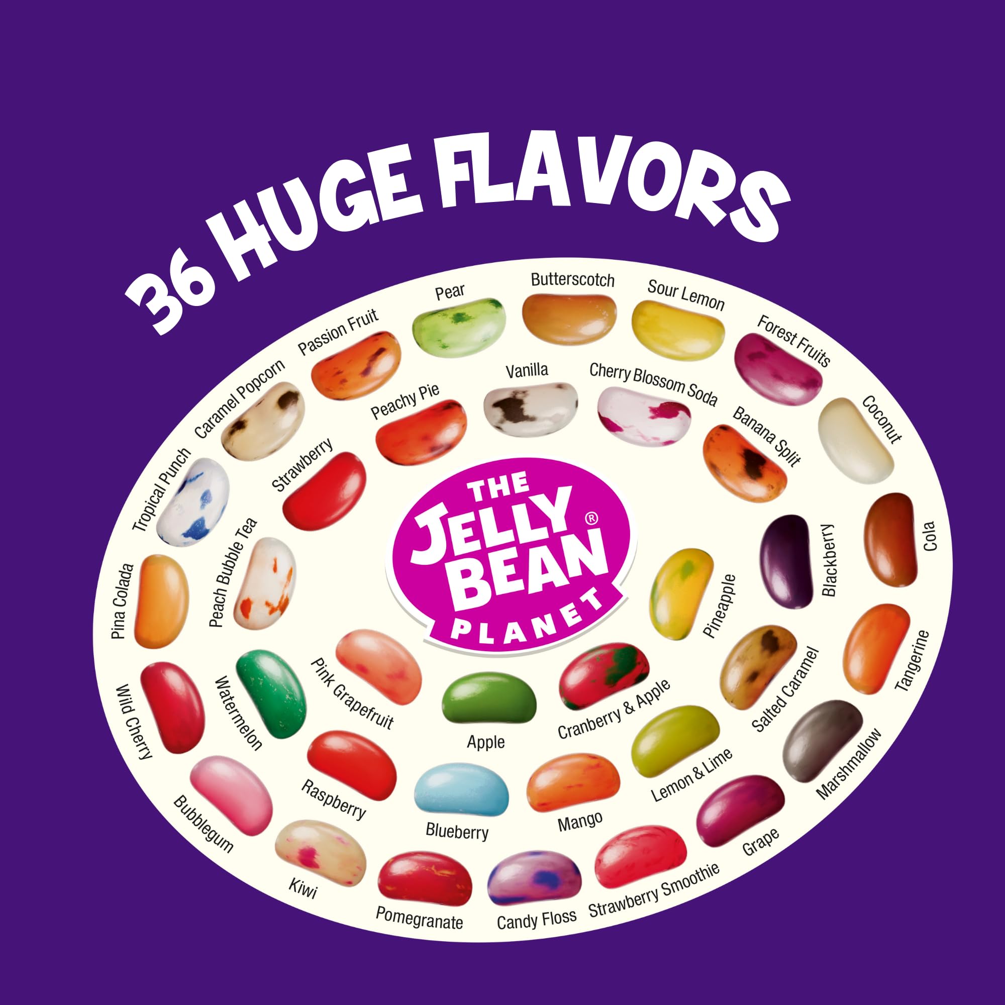 The Jelly Bean Planet flavor card beside jar clarifying included flavors