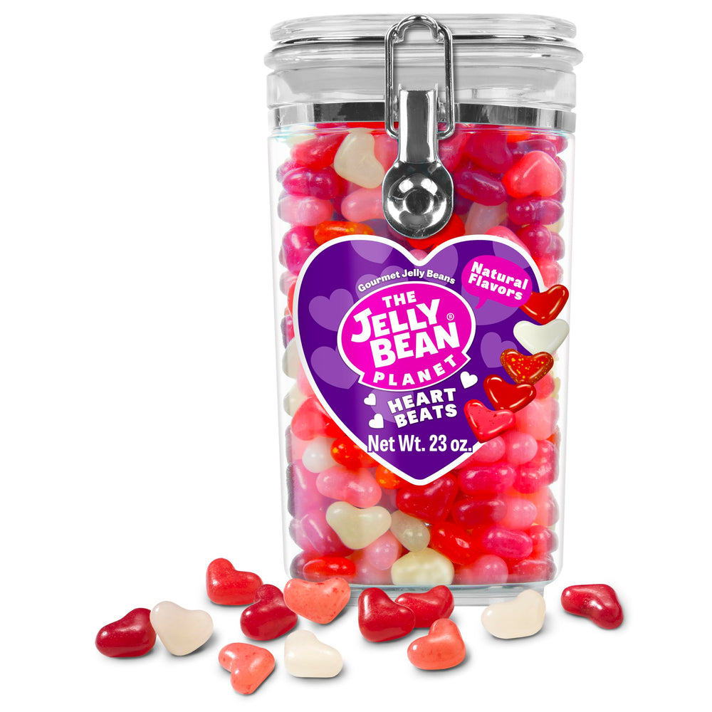 The Jelly Bean Planet jar front view showing heart-shaped jelly beans and colorful appeal