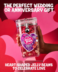 The Jelly Bean Planet open jar top view displaying heart-shaped candies ready to serve
