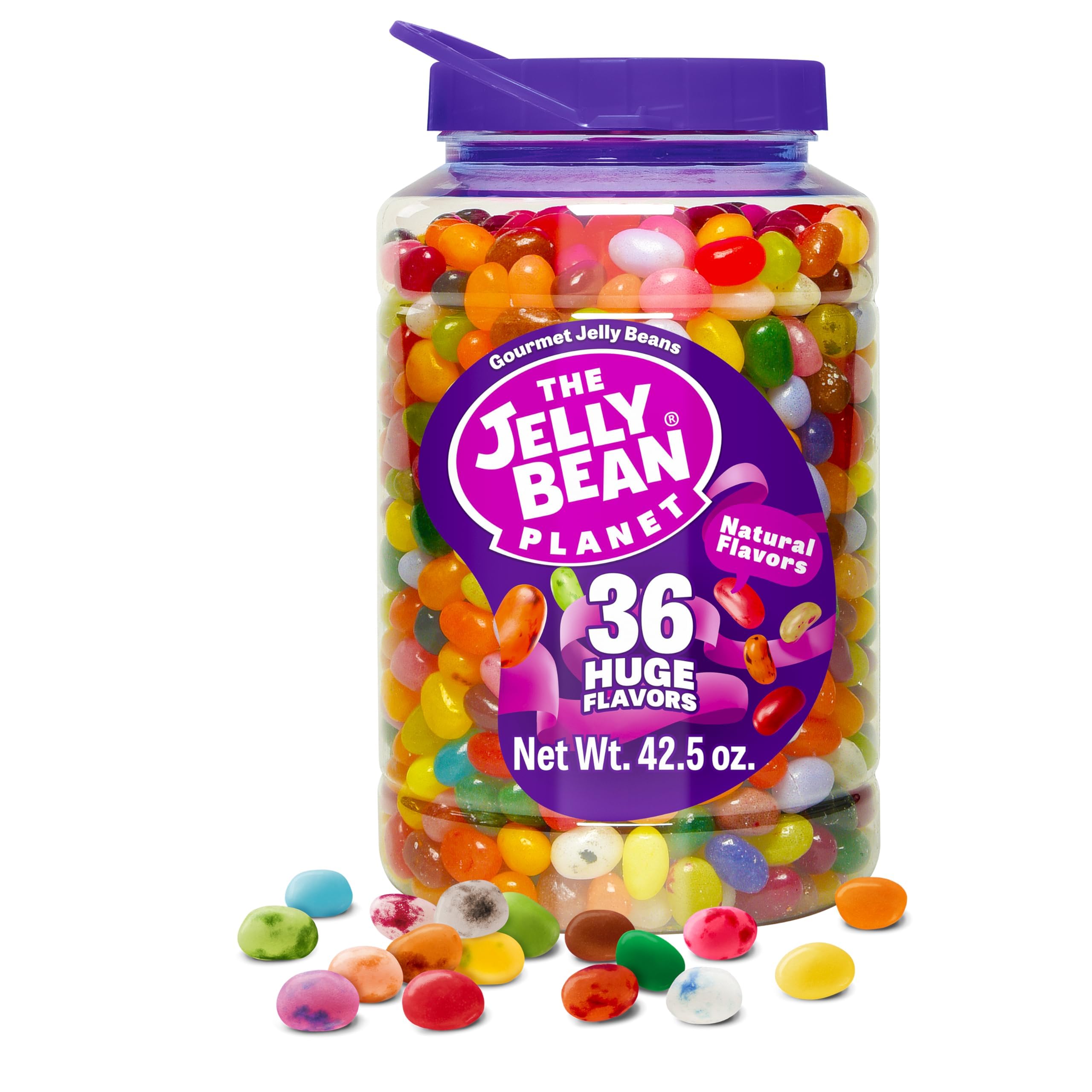 The Jelly Bean Planet jar front view showing vibrant assortment and resealable lid benefit