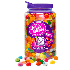 The Jelly Bean Planet jar front view showing vibrant assortment and resealable lid benefit