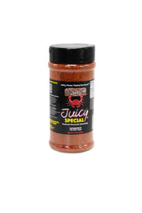 THE JUICY CRAB front label on 12oz jar showing brand and seasoning benefits