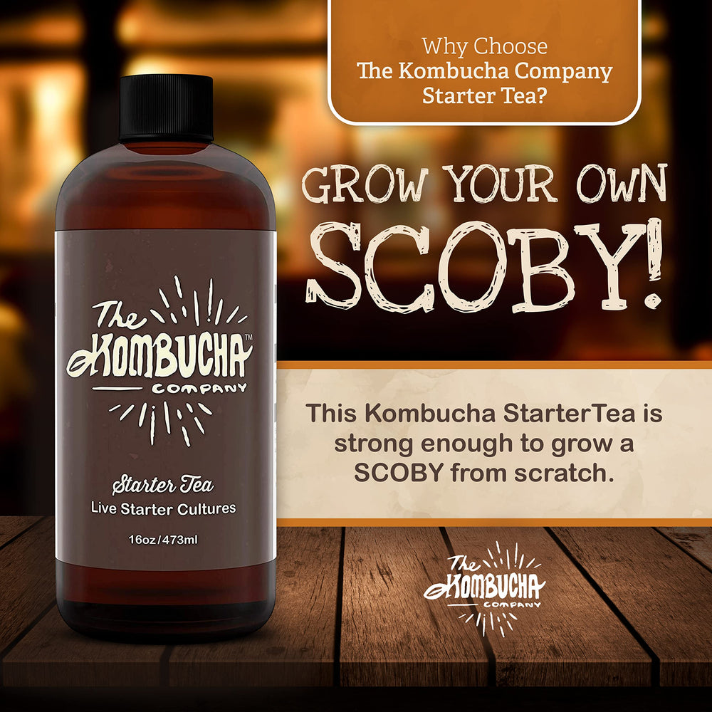 The Kombucha Company bottle beside one-gallon jar showing scale and yield benefit