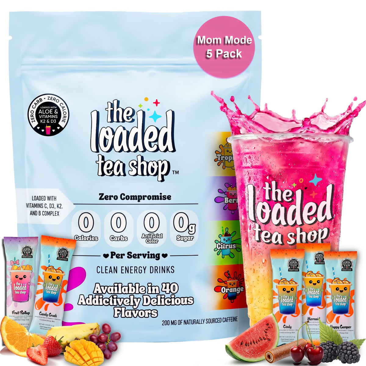 The Loaded Tea Shop front packaging showing Mom Mode collection and flavors, convenient portability