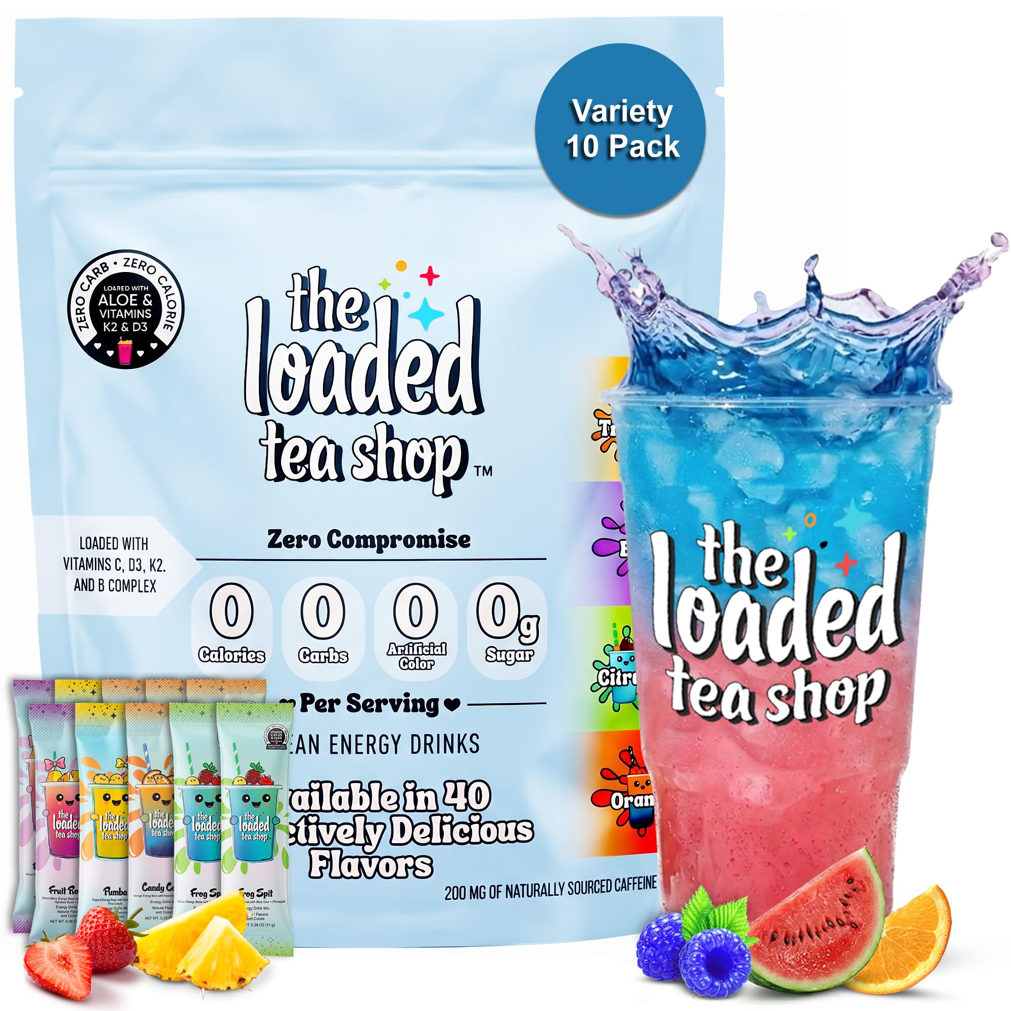 The Loaded Tea Shop front packaging showing variety pack and clean ingredients benefit