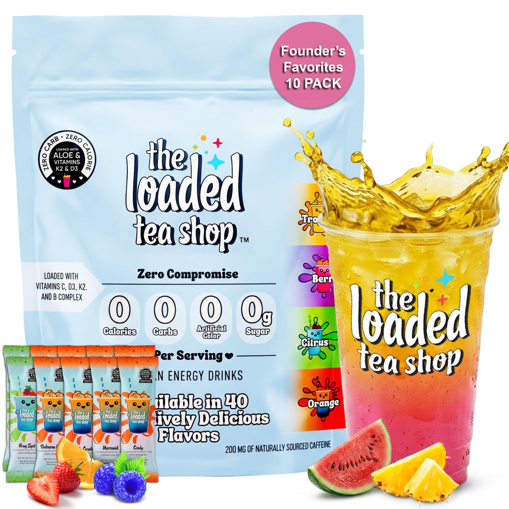 The Loaded Tea Shop front packaging showing variety pack and energy benefits