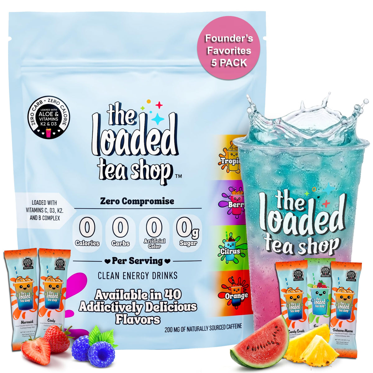 The Loaded Tea Shop front packaging showing five founder flavors and benefits