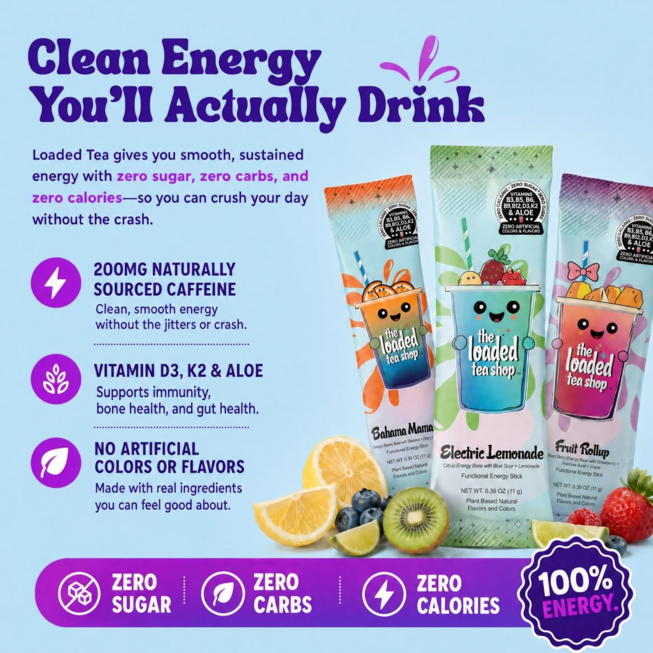 The Loaded Tea Shop stick beside water bottle to show serving size and customization benefit