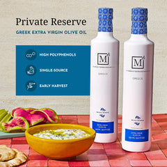 The Mediterranean Dish bottle label detail highlighting Koroneiki origin and quality indicators benefit