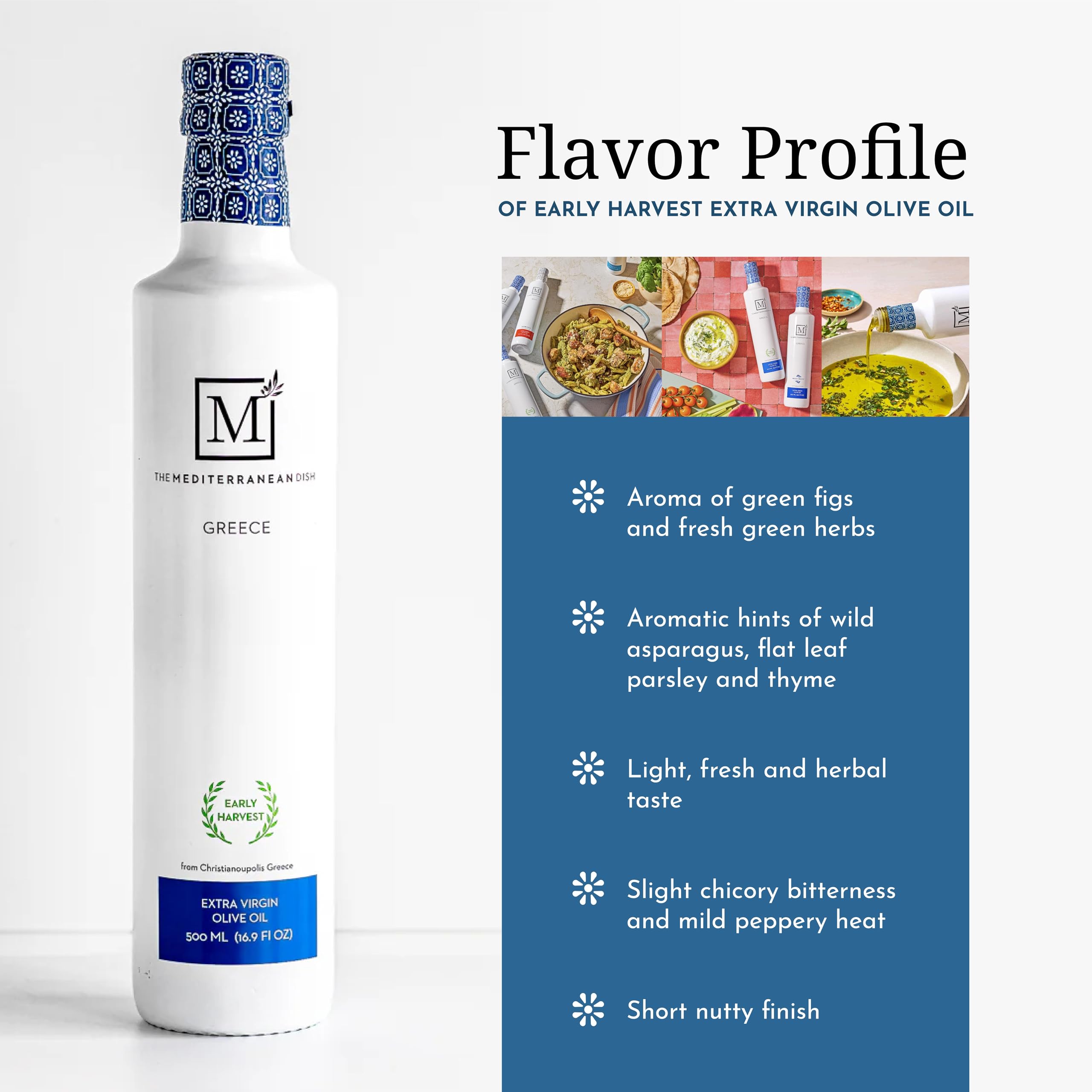 The Mediterranean Dish bottle beside common objects showing scale and protective glass packaging benefit