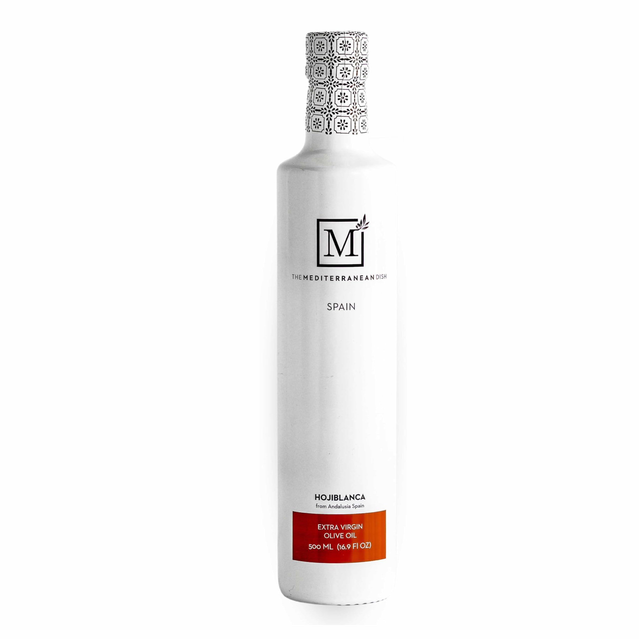 The Mediterranean Dish bottle front showing brand and Hojiblanca label and premium look