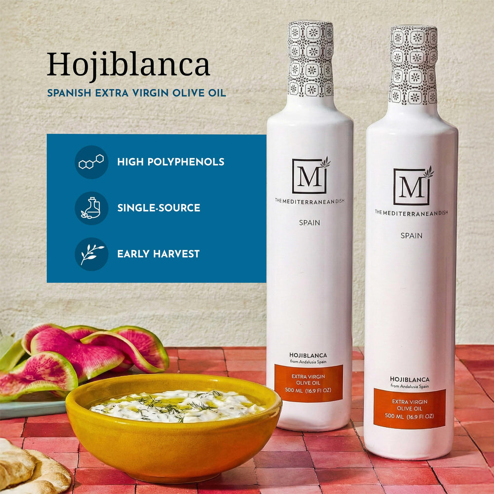 The Mediterranean Dish pouring oil from bottle into dish showing silky texture benefit