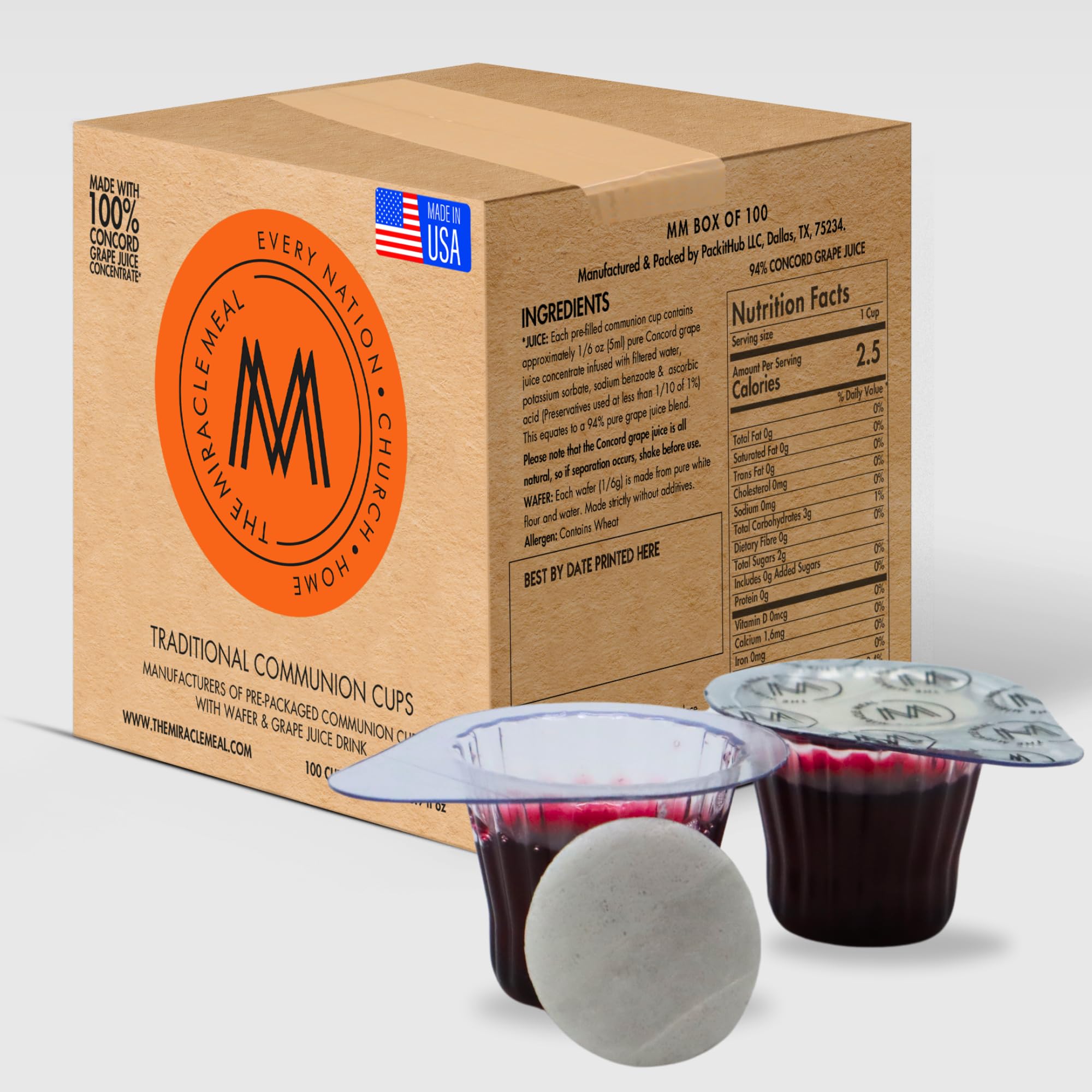 The Miracle Meal front packaging showing box of 100 cups and wafer convenience