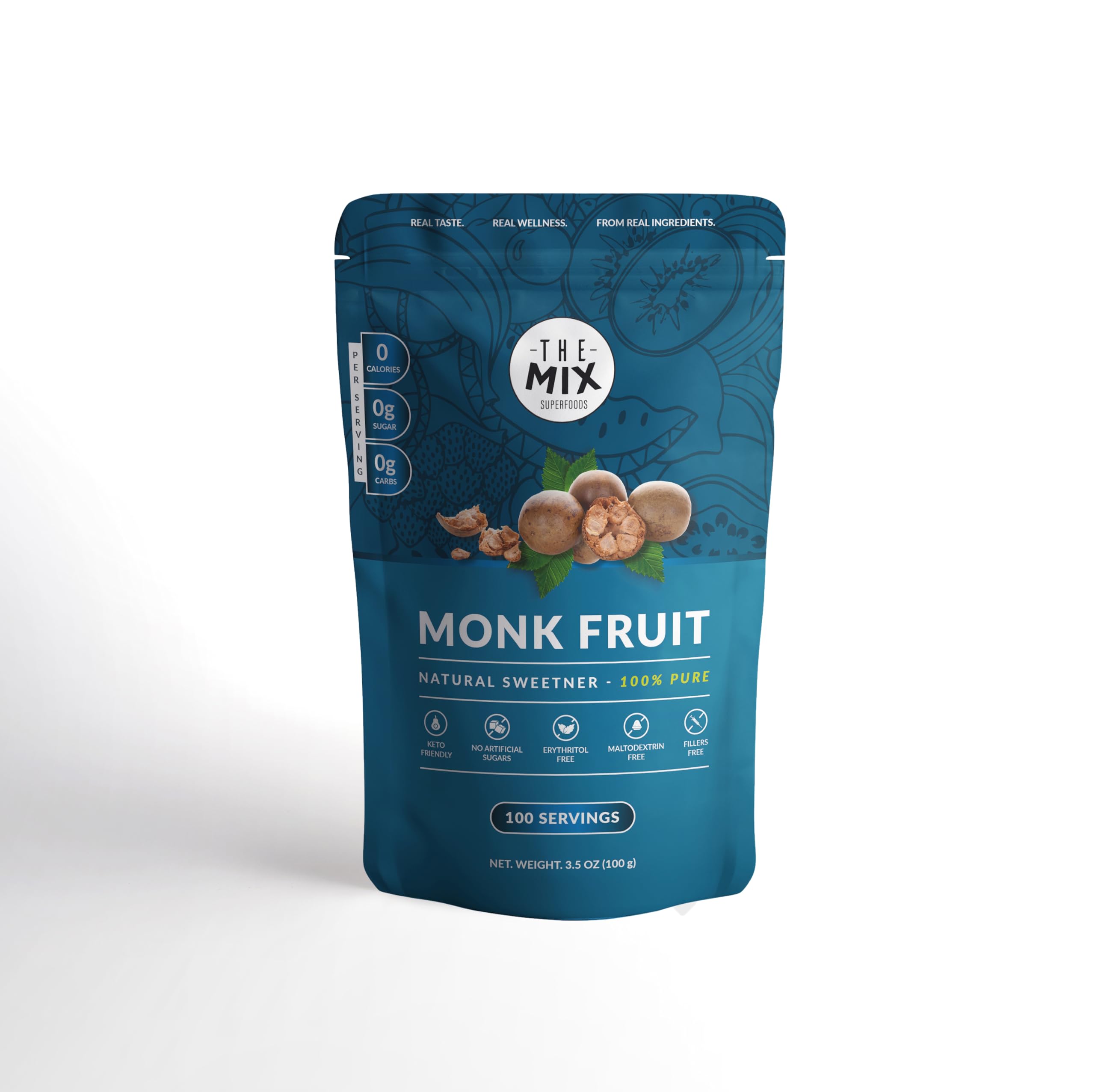 THE MIX SUPERFOODS front pouch view showing pure monk fruit branding and clear ingredients