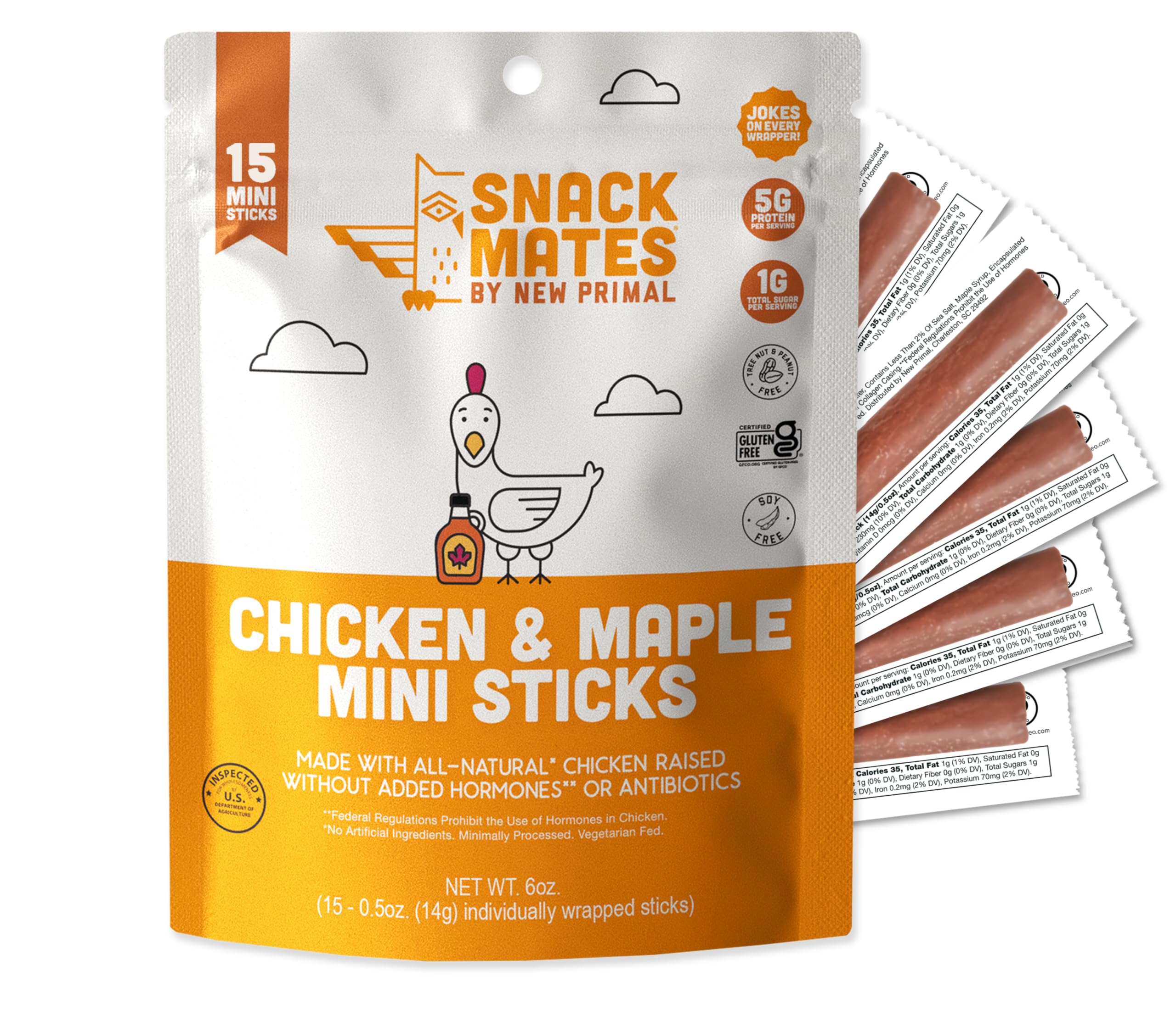 The New Primal front packaging showing chicken maple mini sticks and benefits