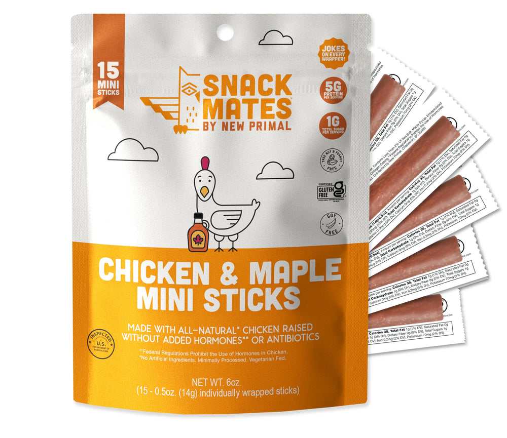 The New Primal front packaging showing chicken maple mini sticks and benefits
