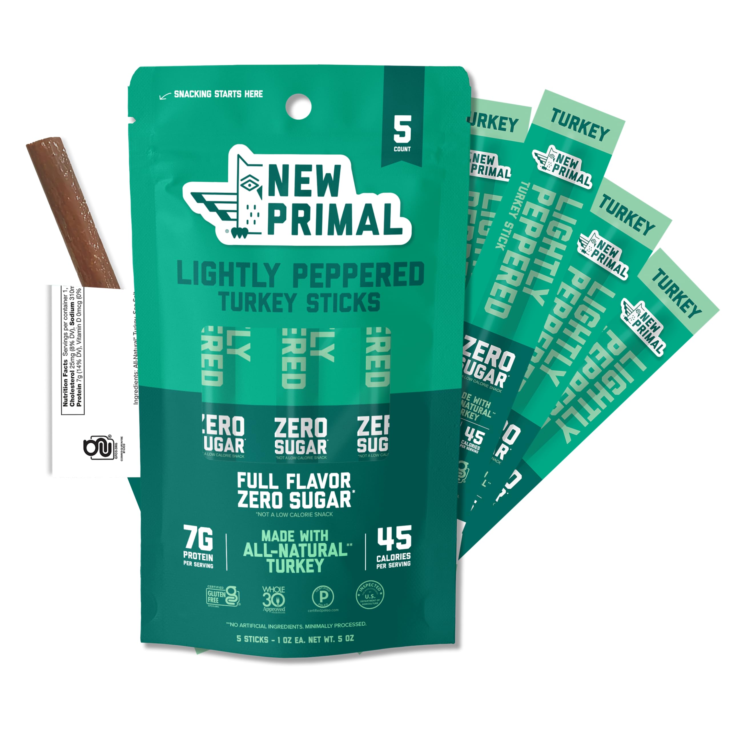The New Primal front packaging showing five lightly peppered turkey sticks, convenient snacking