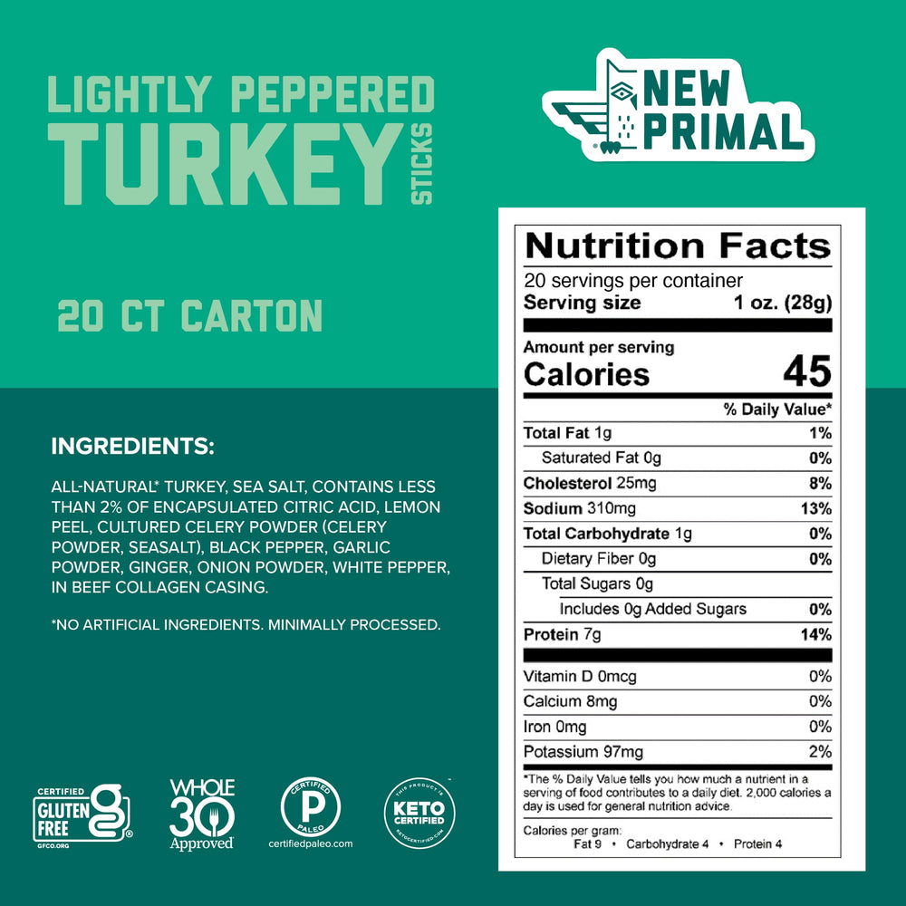 The New Primal individually wrapped turkey sticks for grab-and-go convenience