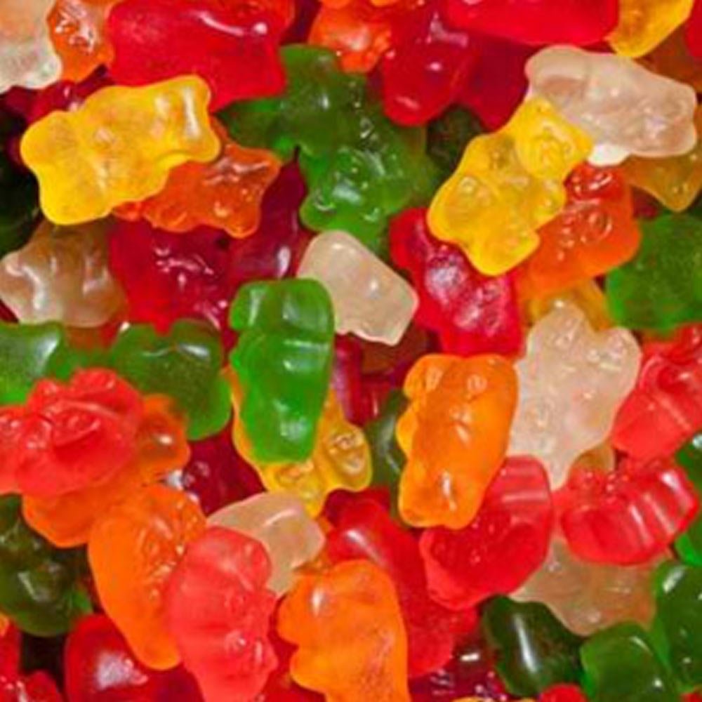 The Nutty Fruit House front packaging showing 1lb sugar free gummy bears, clear resealable bag benefits freshness