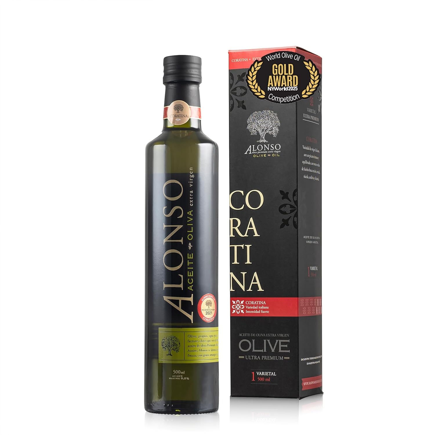 The Olive Trading Co. Alonso Coratina front bottle showing label and premium packaging benefit