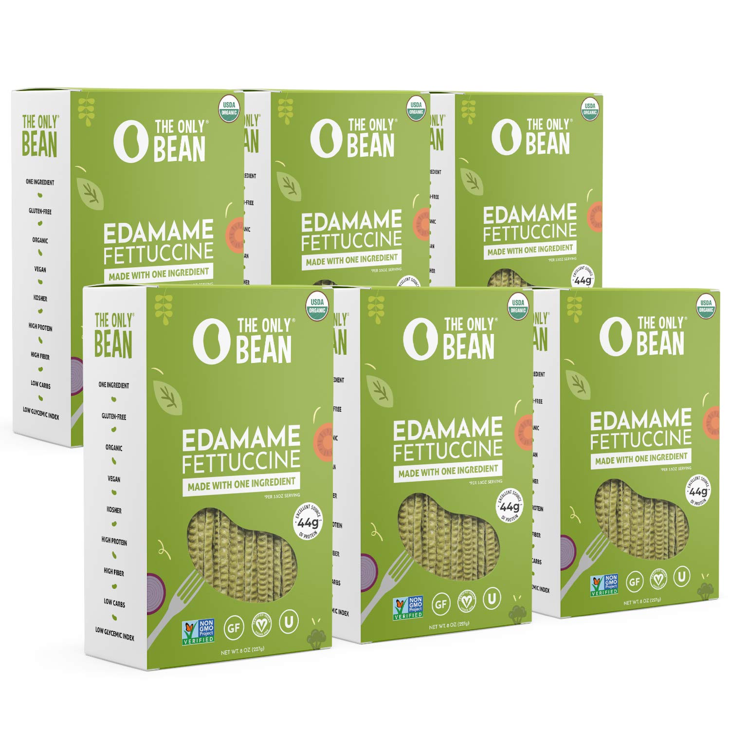 The Only Bean front packaging showing organic edamame fettuccine and benefits