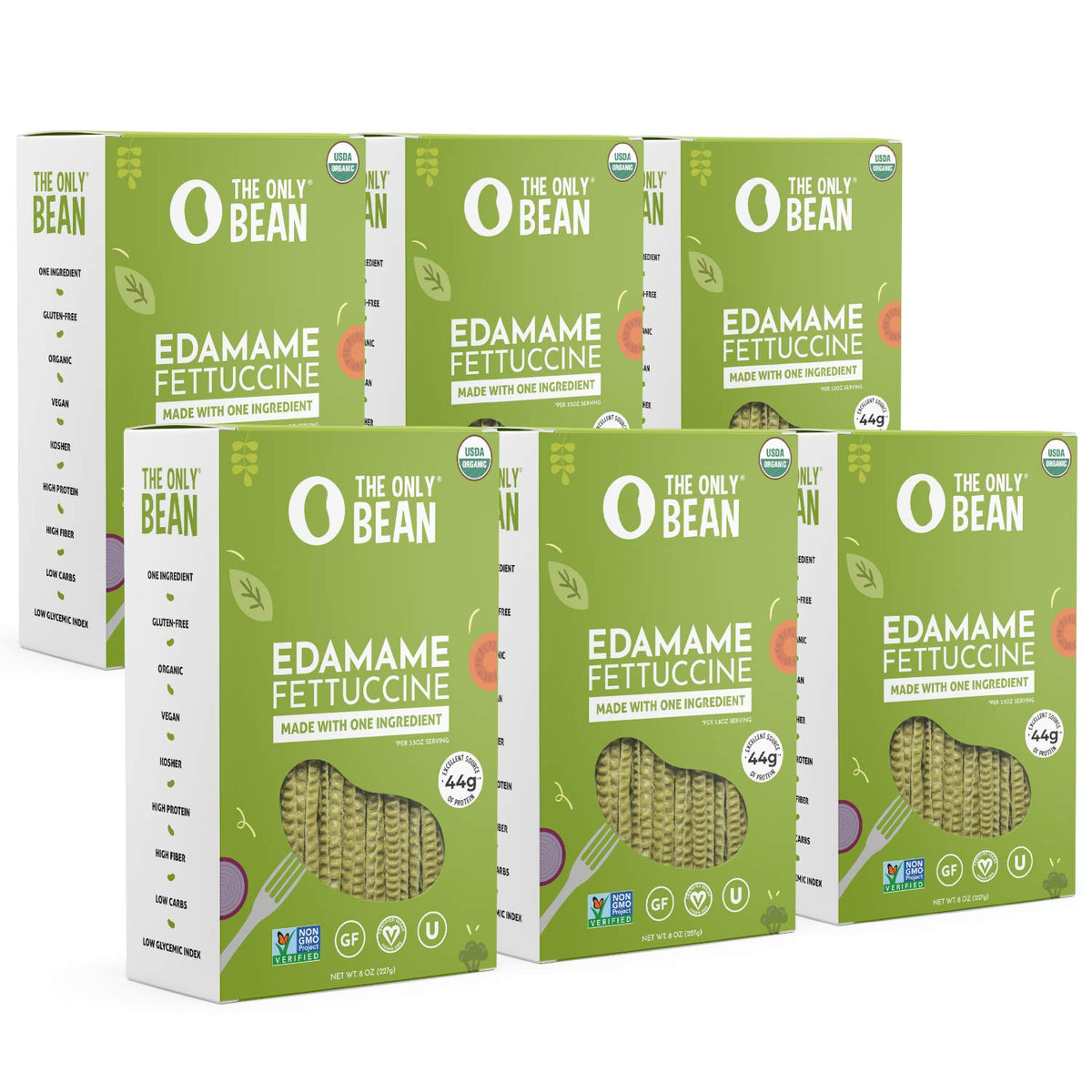 The Only Bean front packaging showing organic edamame fettuccine and benefits