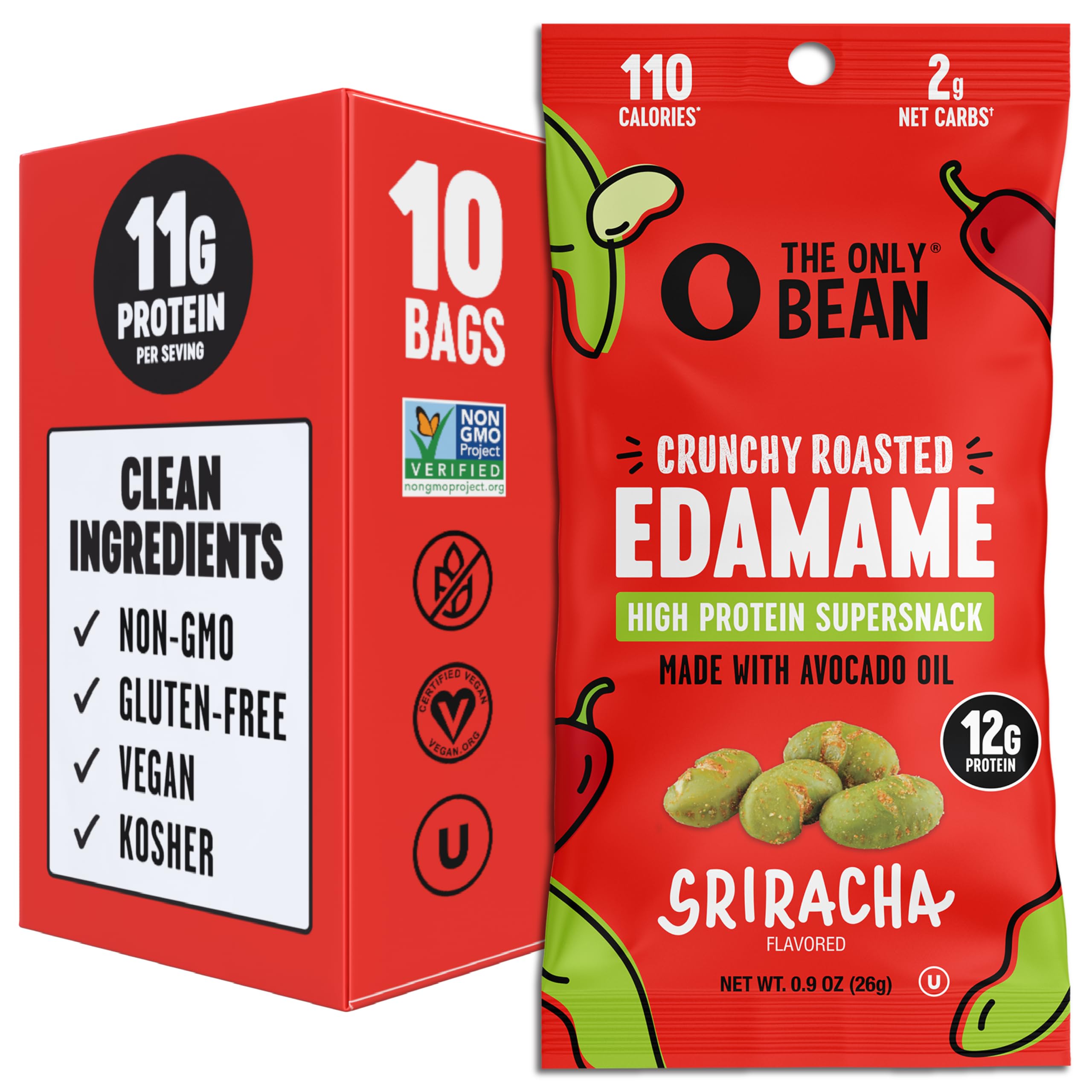 The Only Bean front packaging showing sriracha flavor and resealable bag benefit