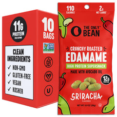 The Only Bean front packaging showing sriracha flavor and resealable bag benefit