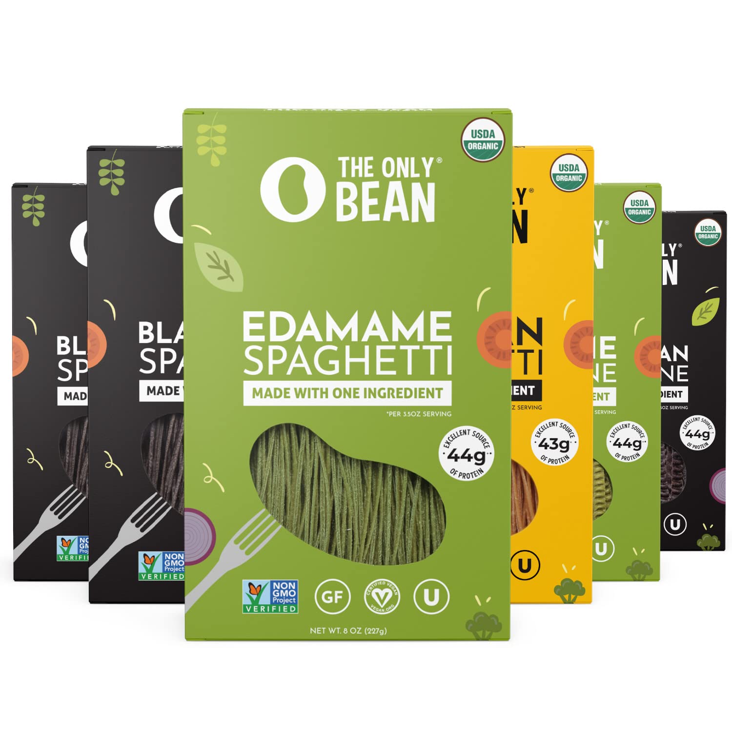 The Only Bean front packaging variety pack showing three pasta types and convenience