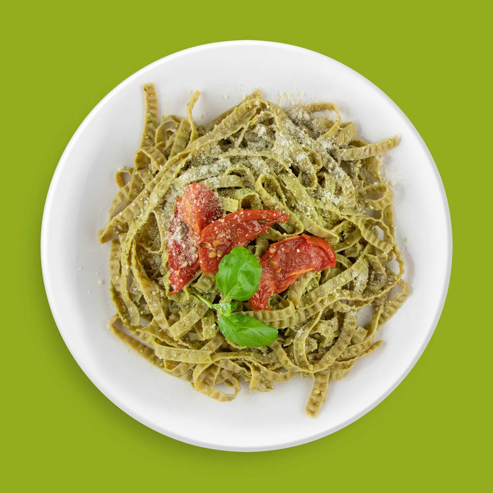 Skillet of fettuccine tossed with sauce showing The Only Bean quick-cook convenience