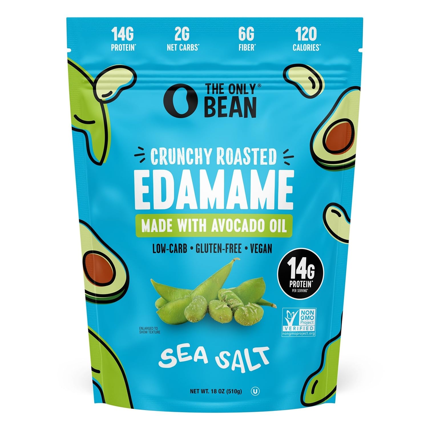The Only Bean front packaging showing 18 oz resealable bag and protein benefit