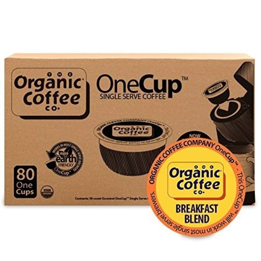 The Organic Coffee Co. 80-count pack beside a mug illustrating supply and value