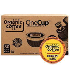 The Organic Coffee Co. 80-count pack beside a mug illustrating supply and value