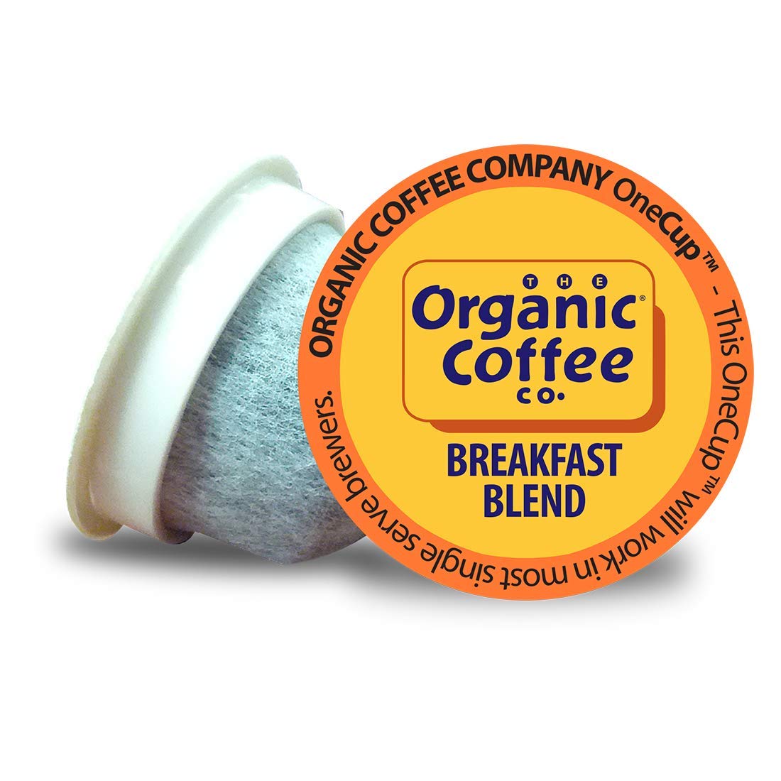 The Organic Coffee Co. front packaging showing compostable 80-count convenience