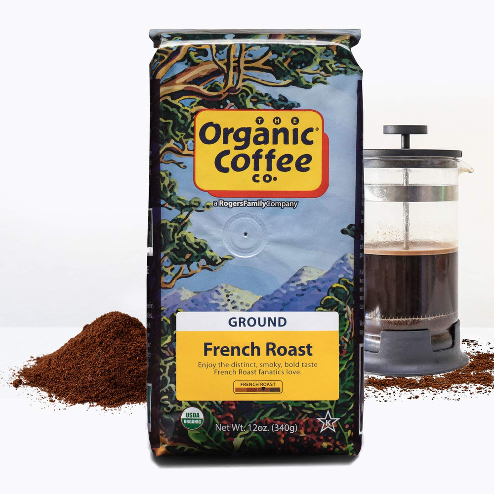 Steaming brewed cup beside The Organic Coffee Co. bag illustrating strong bold pour and satisfying aroma benefit