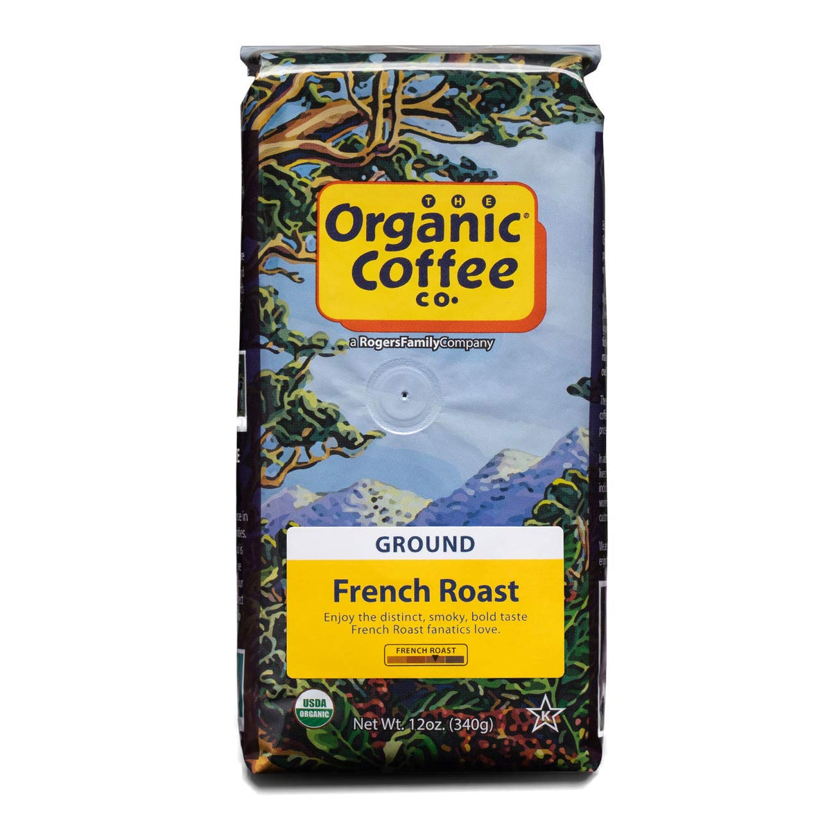 The Organic Coffee Co. front packaging showing 12 oz bag and organic label, clear product information benefit