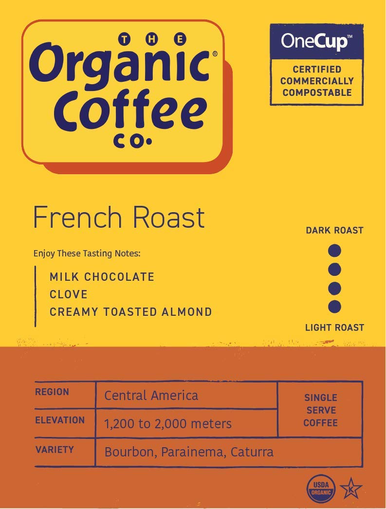 The Organic Coffee Co. close-up of a single pod highlighting sealed freshness and roast oil visibility