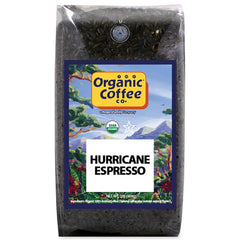 The Organic Coffee Co. Hurricane Espresso front packaging showing 2 lb bag and brand benefits