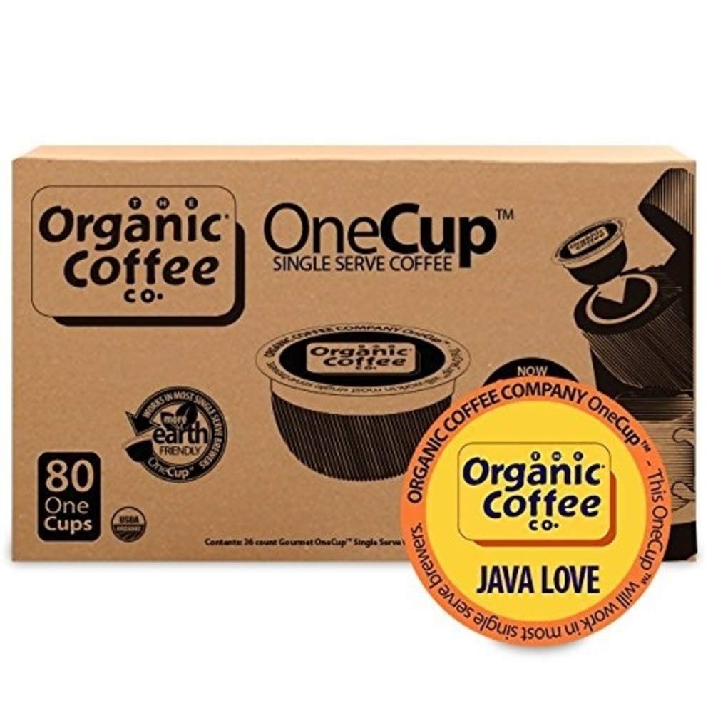 Eighty-count box beside a hand for scale by The Organic Coffee Co. showing value
