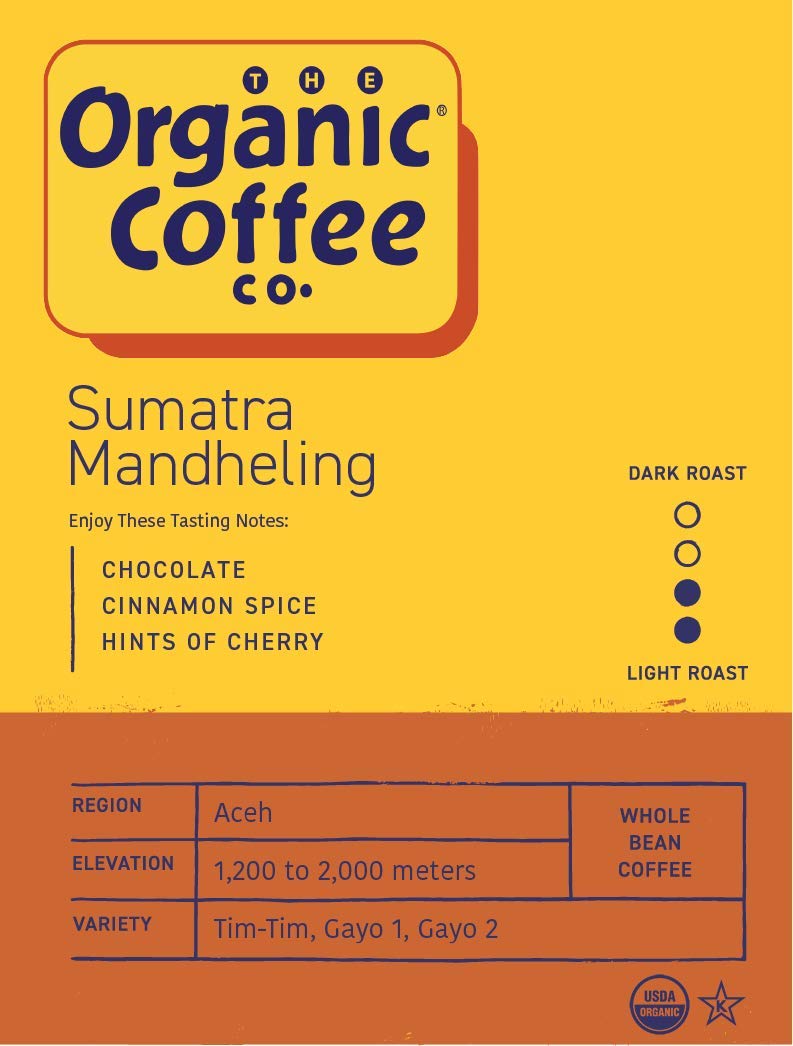 The Organic Coffee Co. Sumatra whole beans close-up highlighting texture and freshness