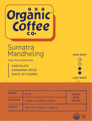 The Organic Coffee Co. Sumatra whole beans close-up highlighting texture and freshness