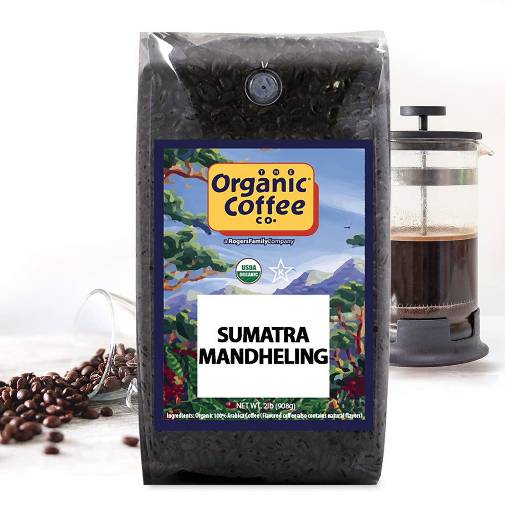 The Organic Coffee Co. beans in French press demonstrating rich extraction and aroma