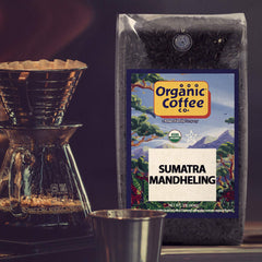 The Organic Coffee Co. bag beside scale and cup showing portion size and serving