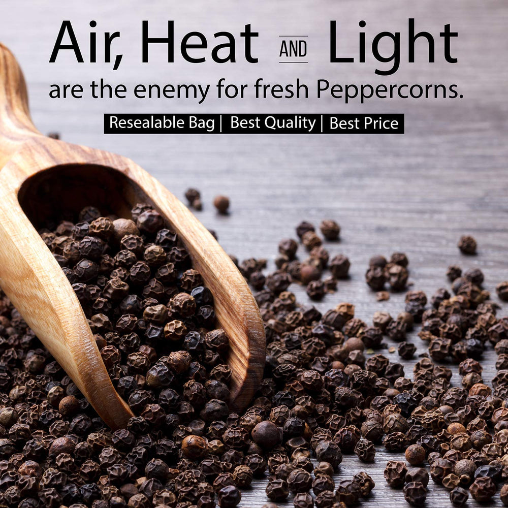 THE ORGANIC PANTRY tabletop grinder producing fresh ground pepper, improved flavor benefit