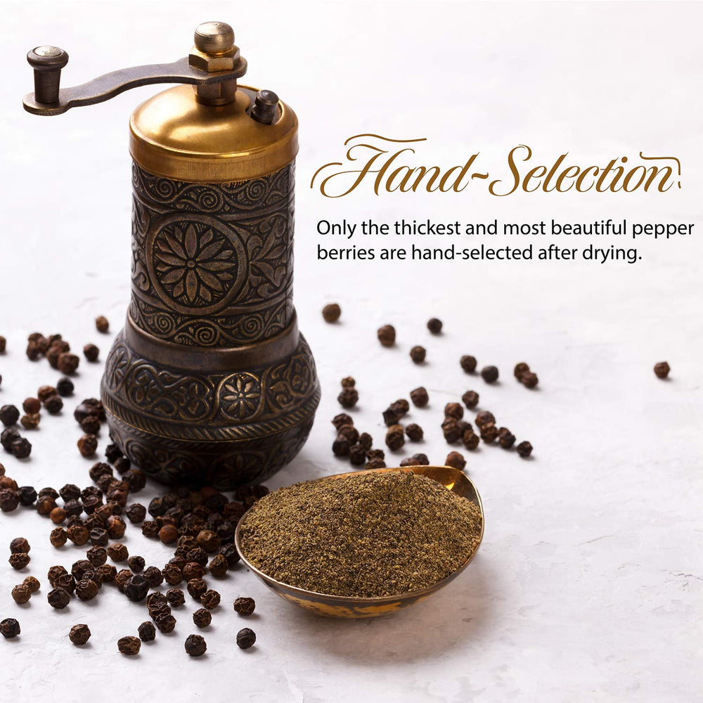 Measuring spoon and tub of THE ORGANIC PANTRY peppercorns showing bulk value and convenience