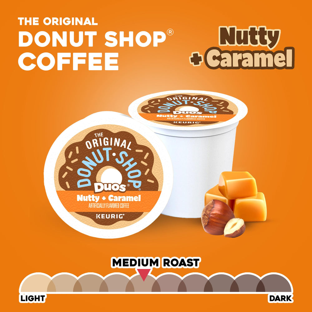 Flatlay of coffee beans, toasted nuts, and caramel pieces with The Original Donut Shop for flavor cues