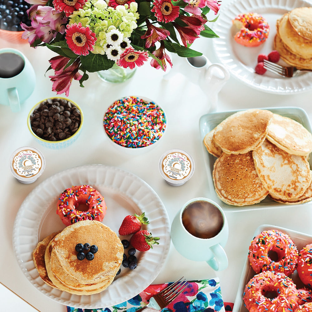 The Original Donut Shop breakfast lifestyle scene showing enjoyable flavored coffee moment